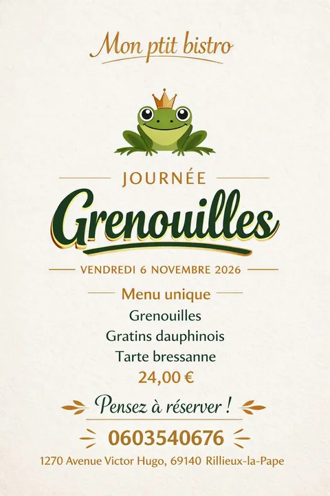 Affiche de la Journée Grenouilles du vendredi 6 novembre 2026 : menu unique grenouilles, gratin dauphinois, tarte bressanne, 24 euros. Pensez à réserver au 06 03 54 06 76.